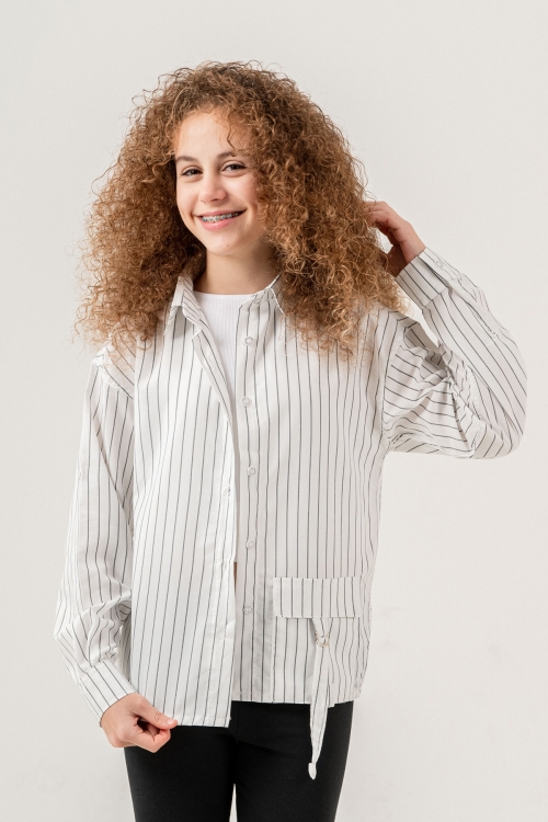 Kız Çocuk Çizgi Desenli Cep Kemer Detaylı Terikoton Gömlek 269-3