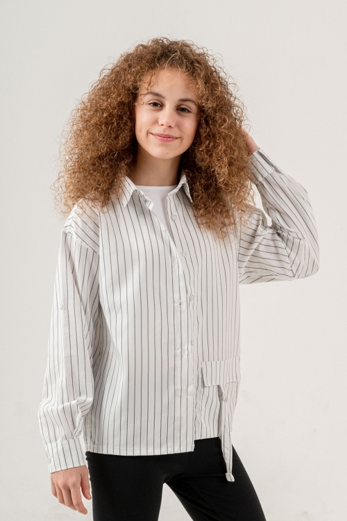Kız Çocuk Çizgi Desenli Cep Kemer Detaylı Terikoton Gömlek 269-3