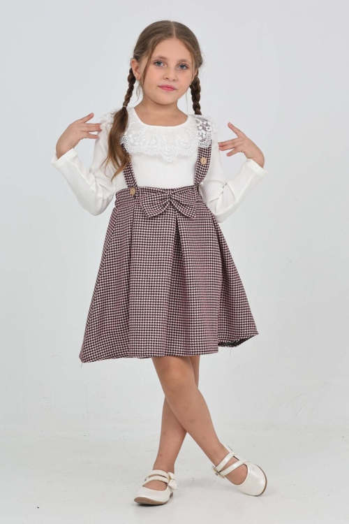 Kız Çocuk Dantel Yakalı Salopet Askılı Kazayağı Desenli 2li Elbise 12304