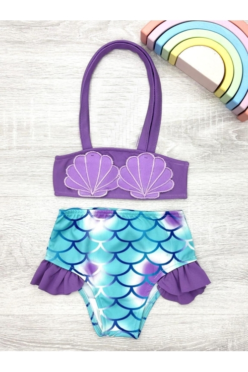 Kız Çocuk Deniz Kabuğu Nakışlı ve Fırfırlı Mayo Takımı  2-8 Yaş 12212