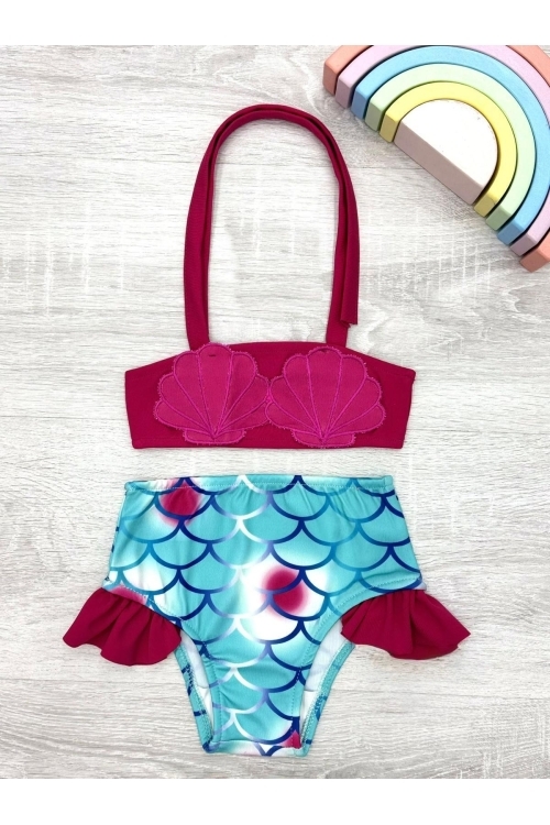 Kız Çocuk Deniz Kabuğu Nakışlı ve Fırfırlı Mayo Takımı  2-8 Yaş 12212