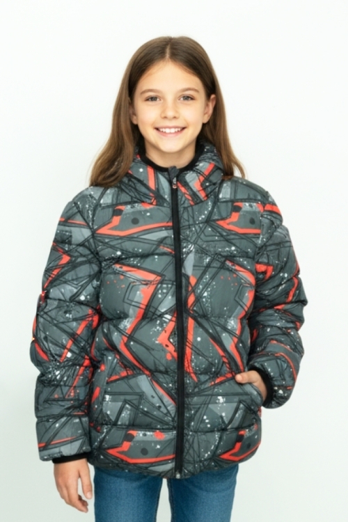 Kız Çocuk Desenli-İçi Polar Astarlı-Kapüşonlu-Fermuarlı Mont 12359