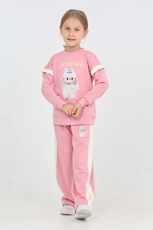 Kız Çocuk Double Face Kumaş Karakter Baskılı Geniş Paçalı Alt-Üst Takım 12299