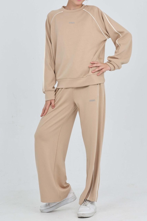 Kız Çocuk Double Face Kumaş Şerit Detaylı Alt-Üst Takım 12303