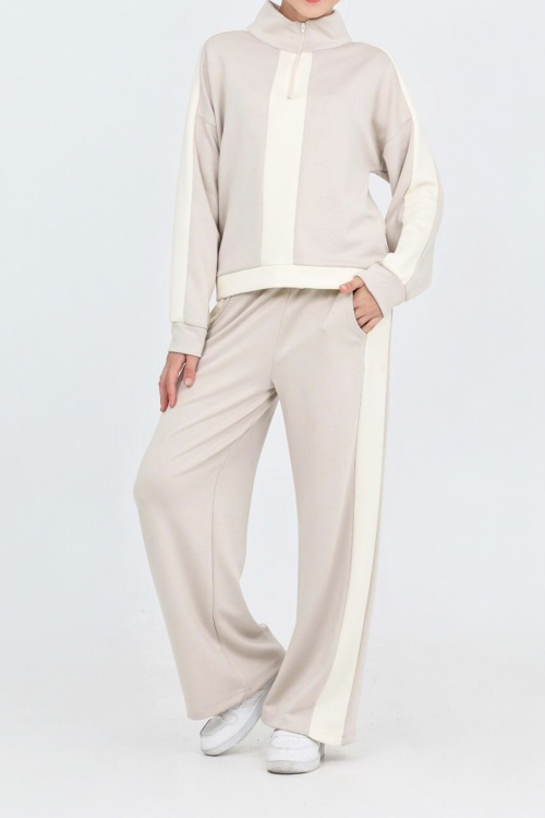 Kız Çocuk Double Face Kumaş Yarım Fermuarlı Ve Şerit Garni Detaylı Alt-Üst Takım 12300