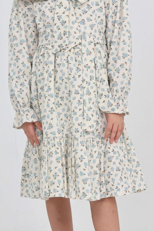 Kız Çocuk Fiyonk Yakalı Bel Kuşaklı Çiçek Desenli Kloş Etekli Elbise 12301