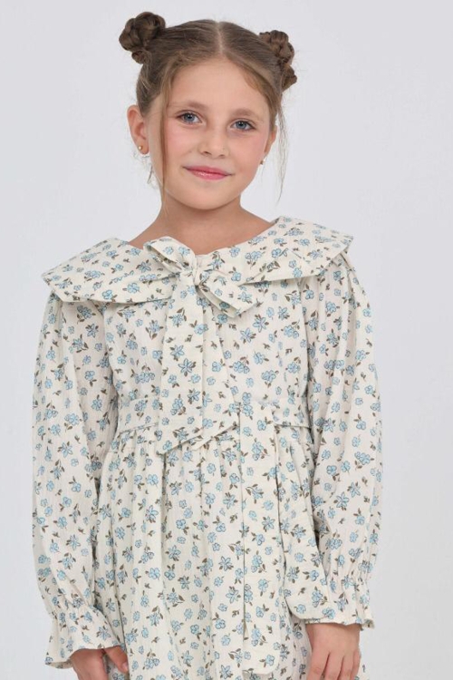 Kız Çocuk Fiyonk Yakalı Bel Kuşaklı Çiçek Desenli Kloş Etekli Elbise 12301