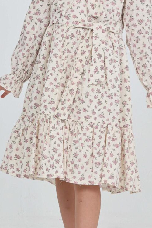 Kız Çocuk Fiyonk Yakalı Bel Kuşaklı Çiçek Desenli Kloş Etekli Elbise 12301