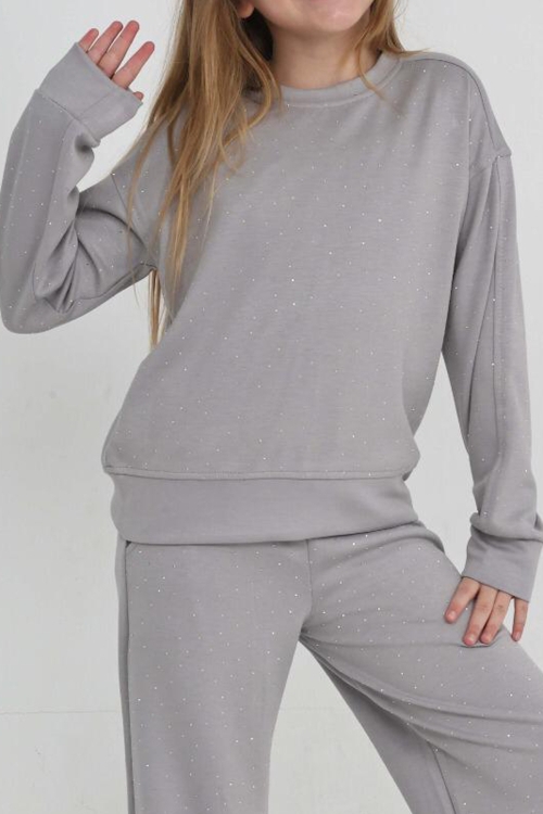 Kız Çocuk Geniş Paçalı Taş Süslemeli Double Face Kumaş  Alt-Üst Takım 12305