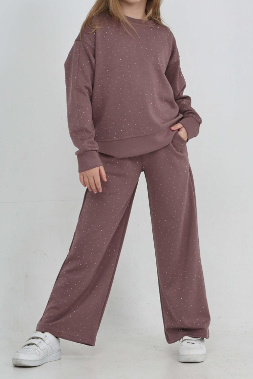 Kız Çocuk Geniş Paçalı Taş Süslemeli Double Face Kumaş  Alt-Üst Takım 12305