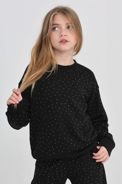 Kız Çocuk Geniş Paçalı Taş Süslemeli Double Face Kumaş  Alt-Üst Takım 12305