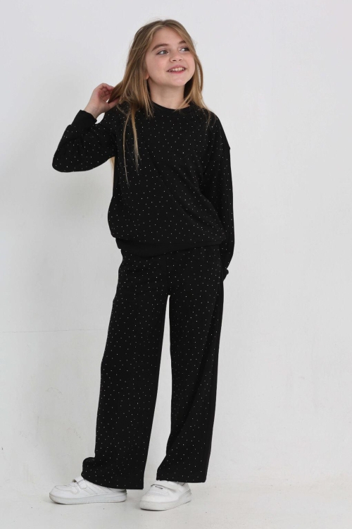 Kız Çocuk Geniş Paçalı Taş Süslemeli Double Face Kumaş  Alt-Üst Takım 12305