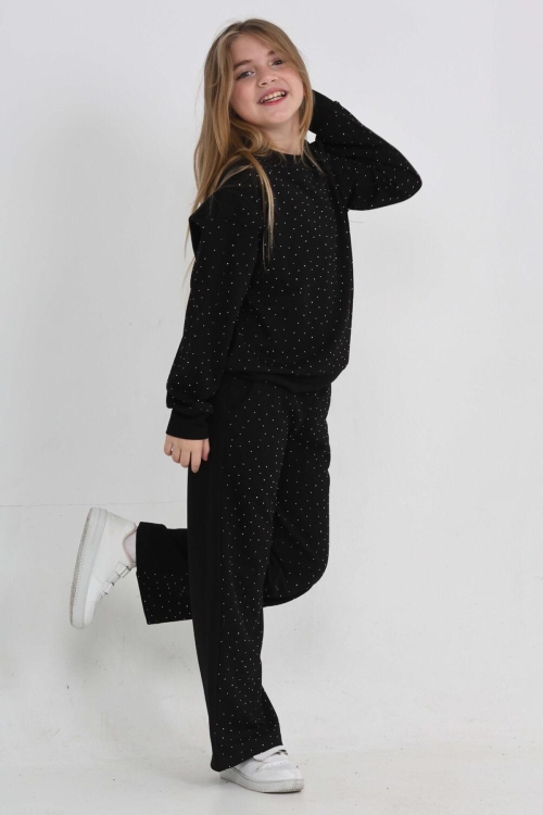 Kız Çocuk Geniş Paçalı Taş Süslemeli Double Face Kumaş  Alt-Üst Takım 12305