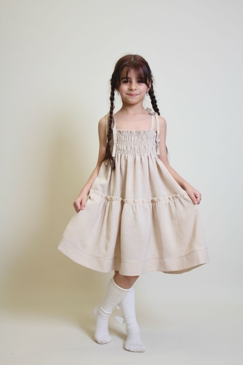 Kız Çocuk Göğüs Büzgülü Askılı Kollu Keten Elbise 12250