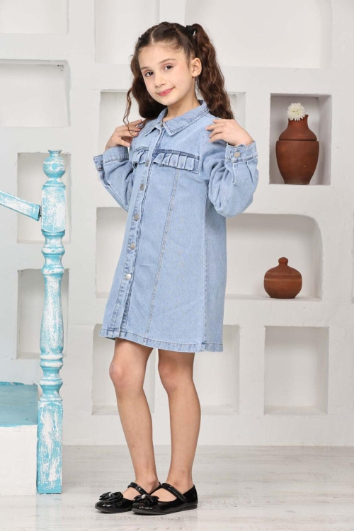Kız Çocuk Gömlek Yakalı Jean Elbise 12171