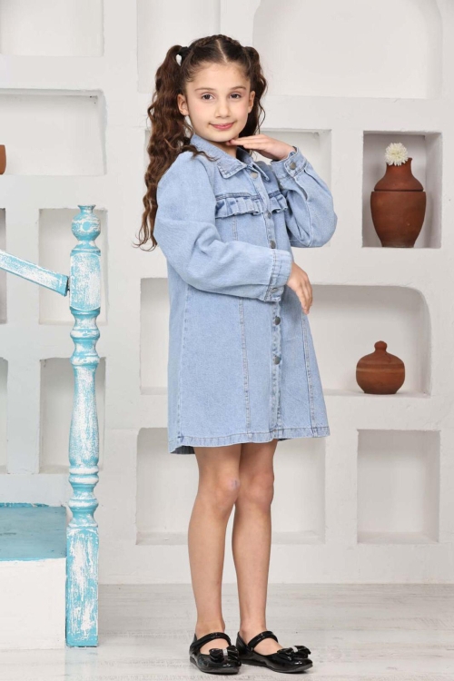 Kız Çocuk Gömlek Yakalı Jean Elbise 12171
