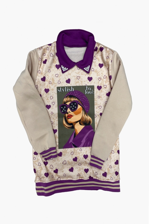 Kız Çocuk Görsel Baskılı Yaka Taşlı 3 İplik Alt Üst Takım 12321