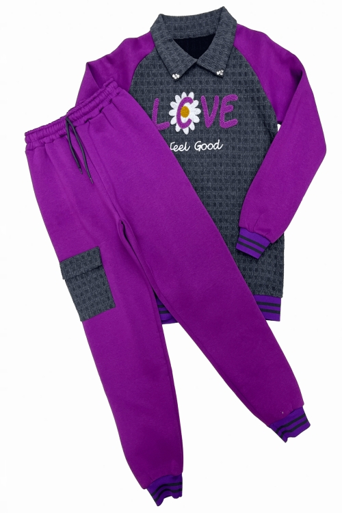 Kız Çocuk Kargo Cepli Gömlek Yakalı ve Yaka Taşlı 3 İplik  Alt Üst Takım 12328