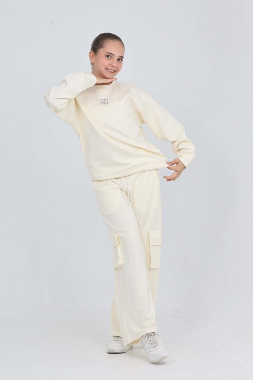 Kız Çocuk Double Face Kumaş Kargo Cepli ve Geniş Paçalı Alt-Üst Takım 12294