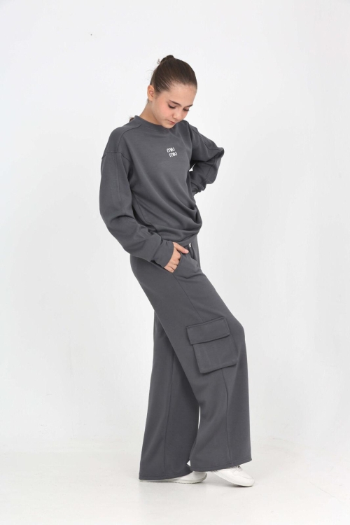 Kız Çocuk Double Face Kumaş Kargo Cepli ve Geniş Paçalı Alt-Üst Takım 12294