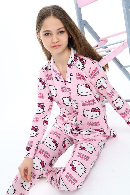 Kız Çocuk Kedi Baskılı Pijama Takımı 3-16 Yaş 12137