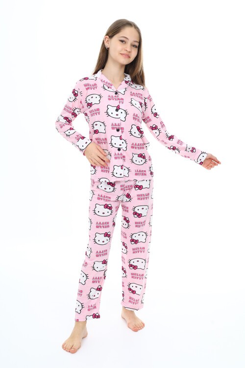 Kız Çocuk Kedi Baskılı Pijama Takımı 3-16 Yaş 12137