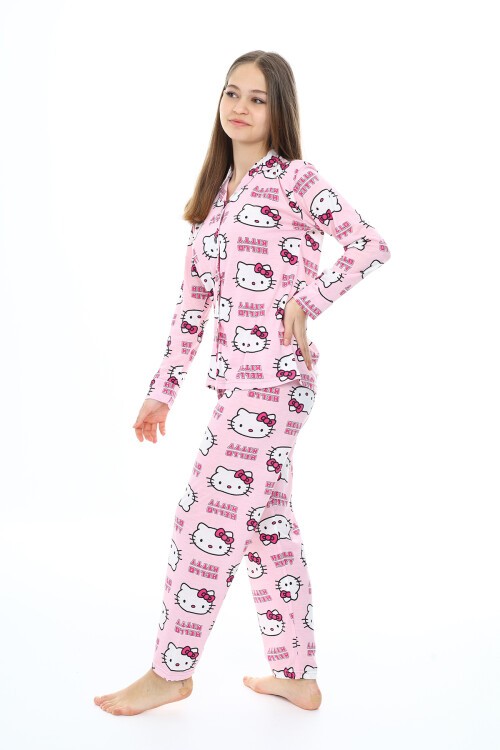 Kız Çocuk Kedi Baskılı Pijama Takımı 3-16 Yaş 12137