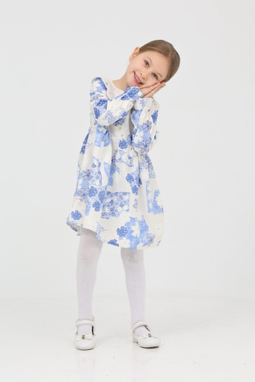 Kız Çocuk Keten Kumaş Dantel Yakalı Elbise 12191