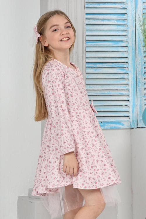 Kız Çocuk Kloş Elbise Çiçek Desenli Ve Etek Ucu Tüllü 12178