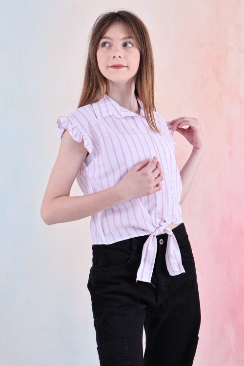 Kız Çocuk Kolları Fırfırlı ve Bel Bağlama Detaylı Crop Gömlek 6-14 Yaş 12252