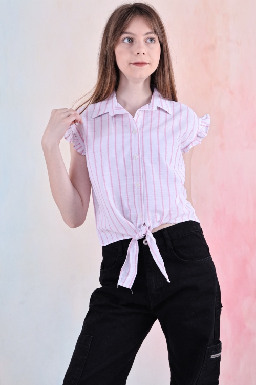 Kız Çocuk Kolları Fırfırlı ve Bel Bağlama Detaylı Crop Gömlek 6-14 Yaş 12252