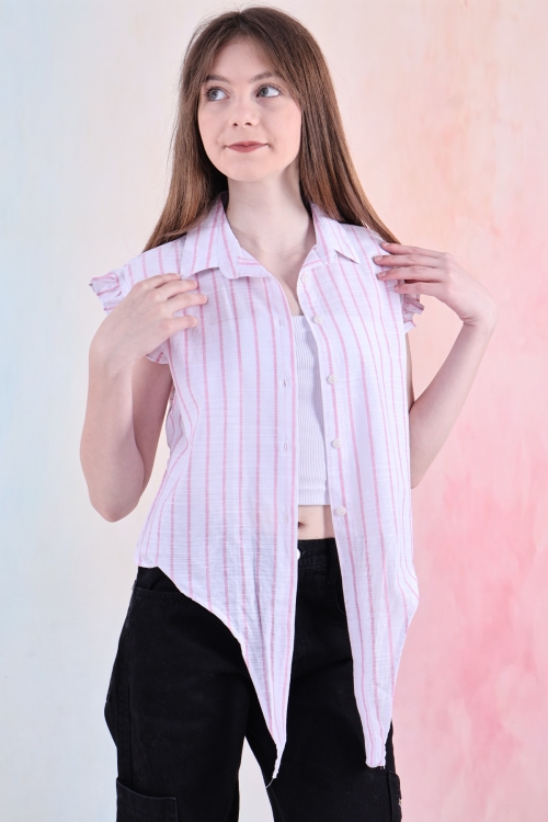 Kız Çocuk Kolları Fırfırlı ve Bel Bağlama Detaylı Crop Gömlek 6-14 Yaş 12252