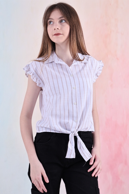 Kız Çocuk Kolları Fırfırlı ve Bel Bağlama Detaylı Crop Gömlek 6-14 Yaş 12252