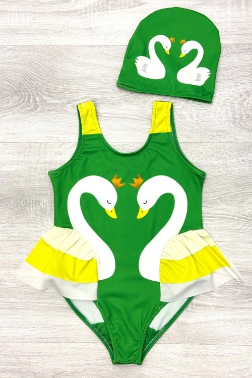 Kız Çocuk Kuğu Baskılı Fırfırlı ve Boneli Mayo Takımı 3-10 Yaş 12224