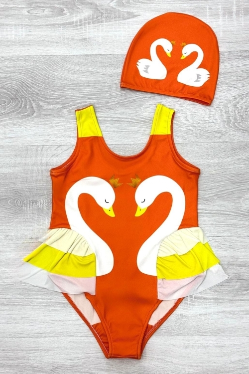 Kız Çocuk Kuğu Baskılı Fırfırlı ve Boneli Mayo Takımı 3-10 Yaş 12224