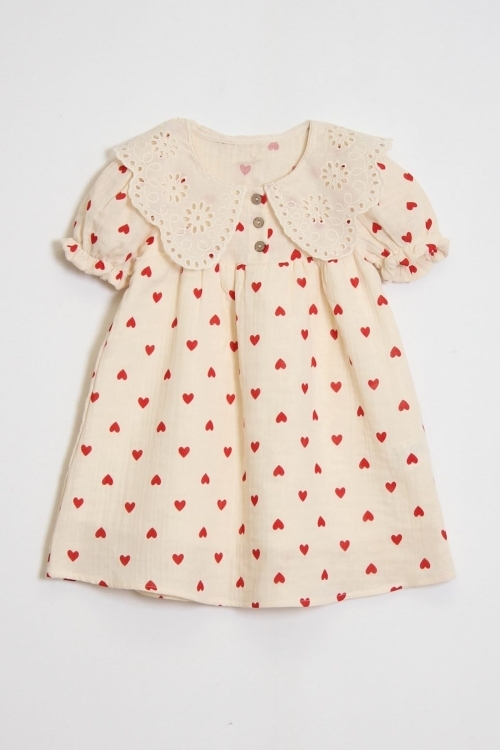Kız Çocuk Müslin Kumaş Kalp Desenli Ve Yaka Detaylı Elbise 4-10 Yaş 12239
