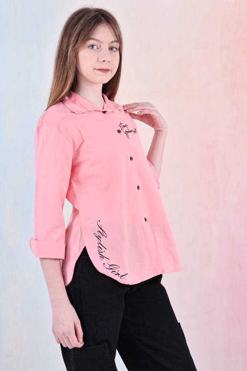 Kız Çocuk Panelli ve Yazı Baskılı Gömlek 6-15 Yaş 12255