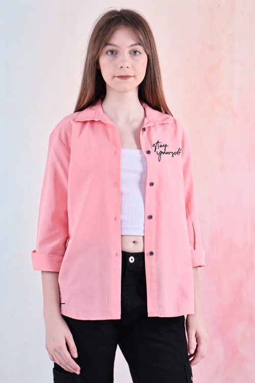 Kız Çocuk Panelli ve Yazı Baskılı Gömlek 6-15 Yaş 12255