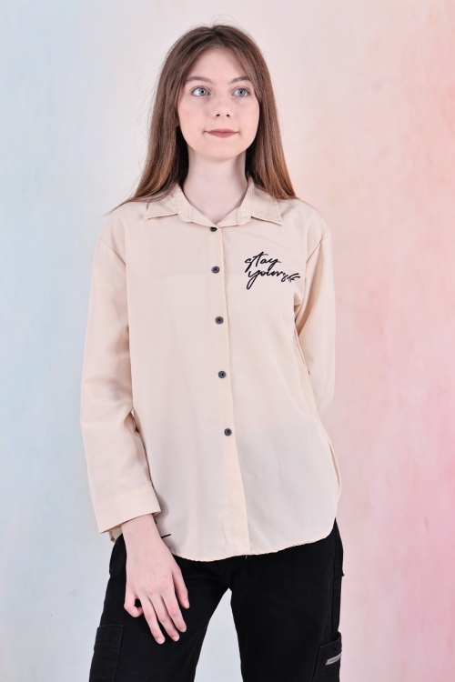 Kız Çocuk Panelli ve Yazı Baskılı Gömlek 6-15 Yaş 12255