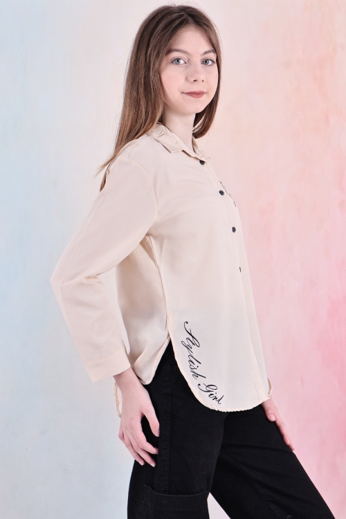 Kız Çocuk Panelli ve Yazı Baskılı Gömlek 6-15 Yaş 12255