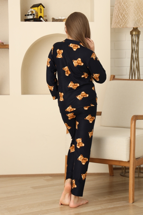 Kız Çocuk Pat Yakalı-Ayıcık Baskılı ve Düğme Kapamalı Pijama Takımı 12308