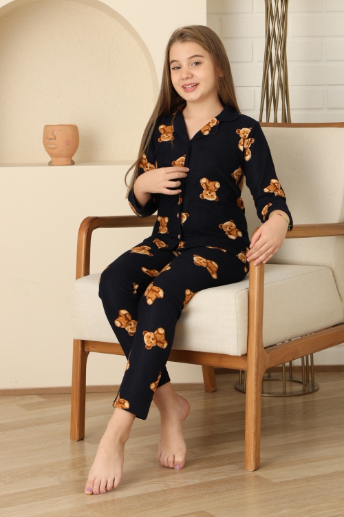 Kız Çocuk Pat Yakalı-Ayıcık Baskılı ve Düğme Kapamalı Pijama Takımı 12308