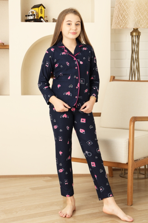 Kız Çocuk Pat Yakalı-Baskılı ve Düğme Kapamalı-%100 Pamuk Pijama Takımı 12352