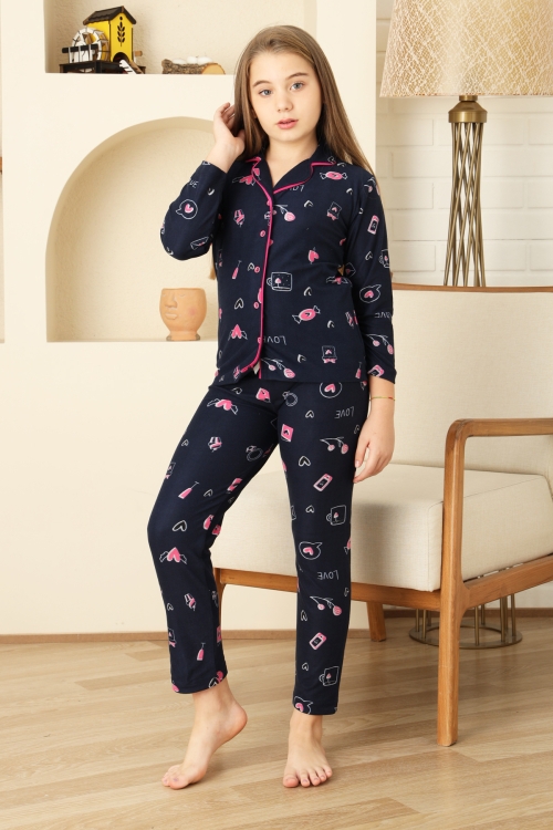 Kız Çocuk Pat Yakalı-Baskılı ve Düğme Kapamalı-%100 Pamuk Pijama Takımı 12352
