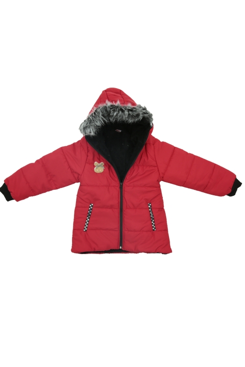 Kız Çocuk Peluş Astarlı - Fermuar Kapatmalı-Kürklü Kapüşonlu Mont 12357