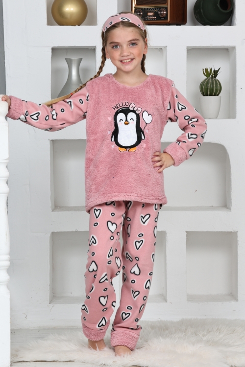 Kız Çocuk Welsoft Kumaş-Göz Bantlı Penguenli Pijama Takımı 12281