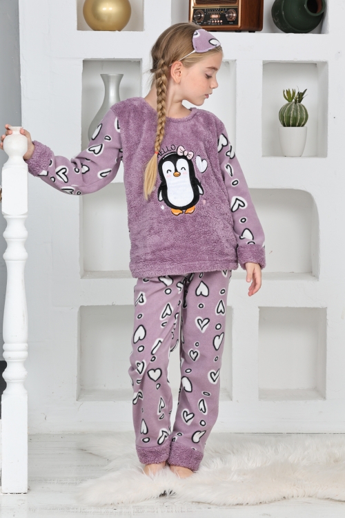 Kız Çocuk Welsoft Kumaş-Göz Bantlı Penguenli Pijama Takımı 12281