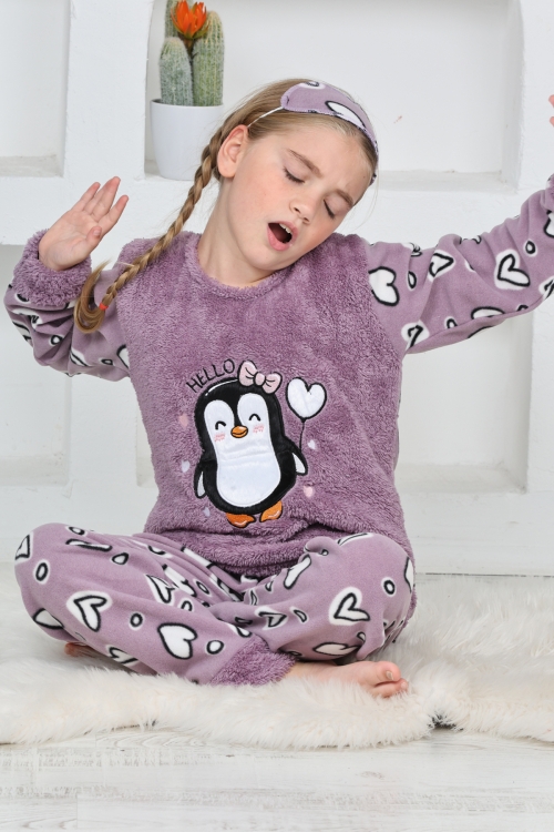 Kız Çocuk Welsoft Kumaş-Göz Bantlı Penguenli Pijama Takımı 12281