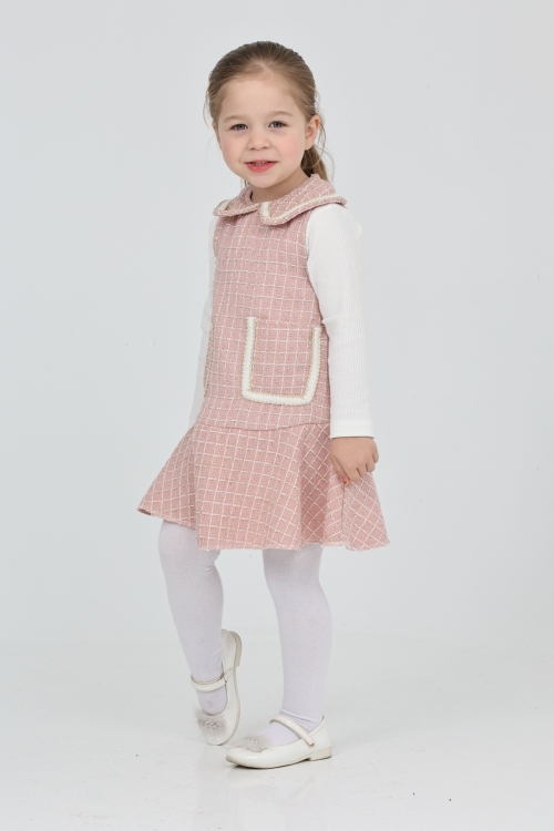 Kız Çocuk Şanel Kumaş Cepli  2li Elbise (Elbise+Bady Bluz)12175