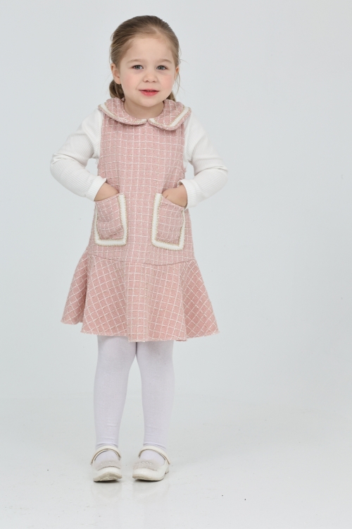 Kız Çocuk Şanel Kumaş Cepli  2li Elbise (Elbise+Bady Bluz)12175